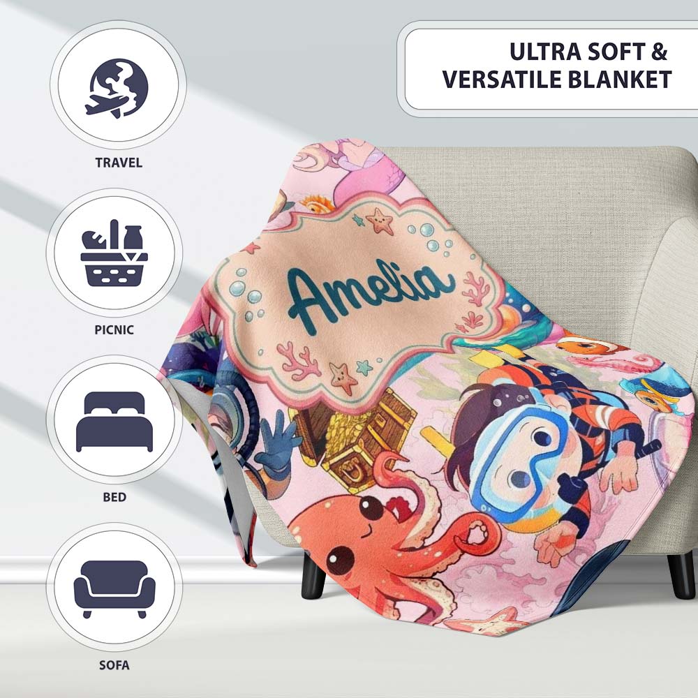 Cute Underwater Ocean Scene Mermaid Dolphin Turtle Treasure Pink Personalised Custom Name Super Soft Fleece Blanket Bed Sofa Throw