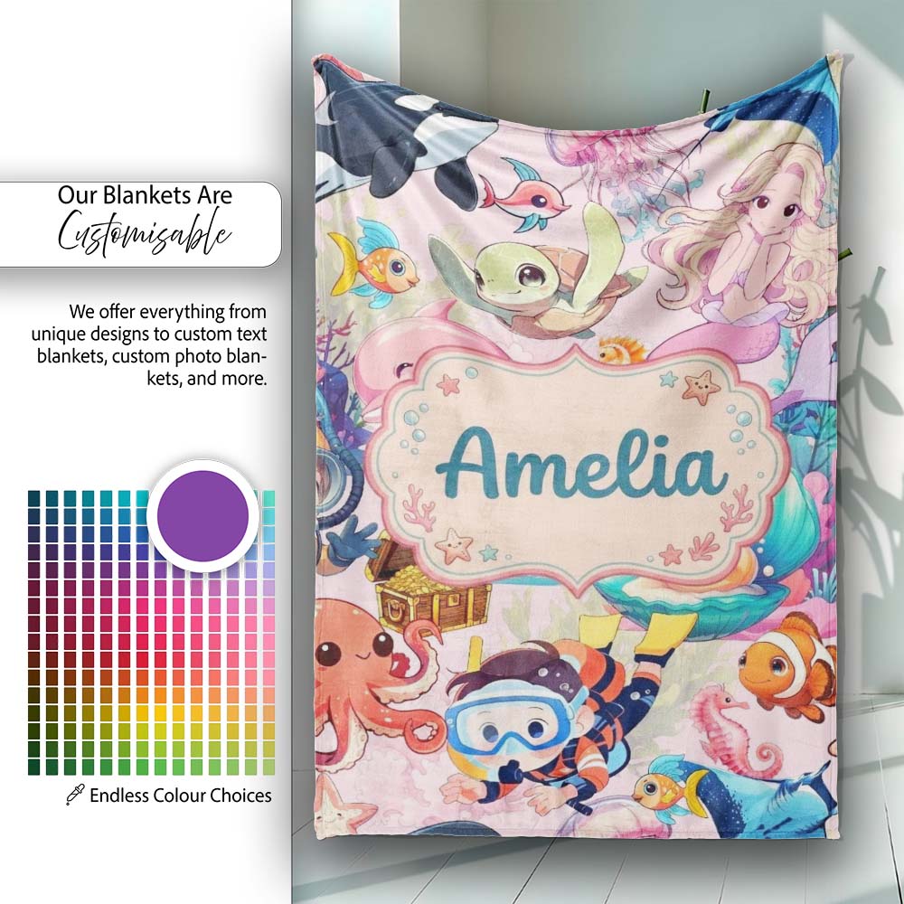 Cute Underwater Ocean Scene Mermaid Dolphin Turtle Treasure Pink Personalised Custom Name Super Soft Fleece Blanket Bed Sofa Throw