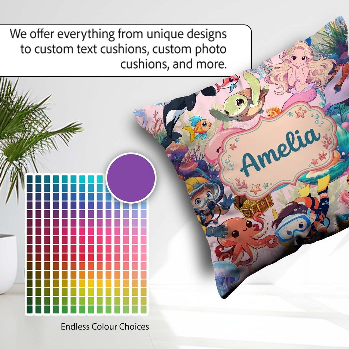 Custom Name Underwater Ocean Scene Mermaid Dolphin Treasure Pink Square Filled Cushion Throw Pillow Sofa Bed Home Decor Zip Washable UK Made