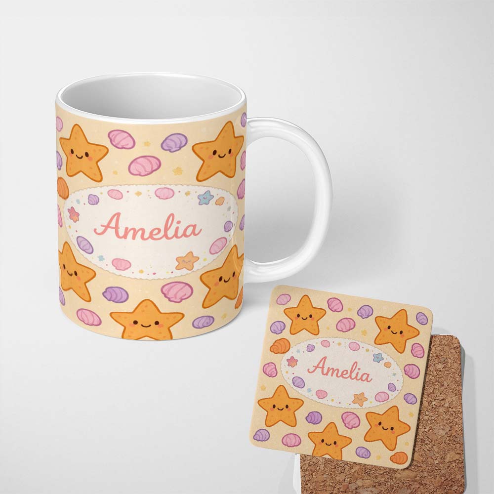 Personalized Custom Name Cute Starfish Shell Cartoon Ocean Animal Pattern Cute Unique Gift 11oz Ceramic Coffee Tea Mug White Large Handle