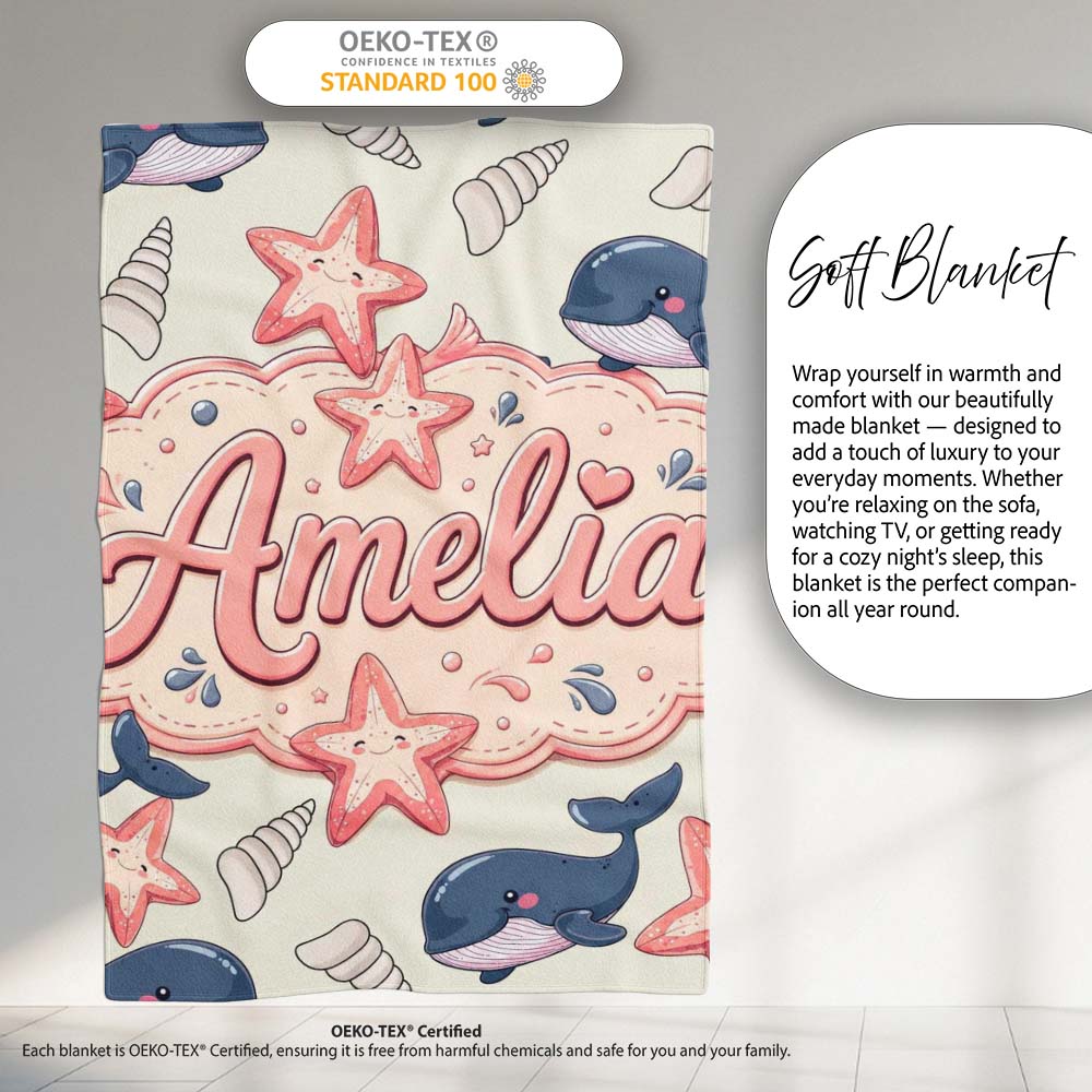Cute Kawaii Whale Starfish Seashell Ocean Animals Beige Background Personalised Custom Name Super Soft Fleece Blanket Bed Sofa Throw