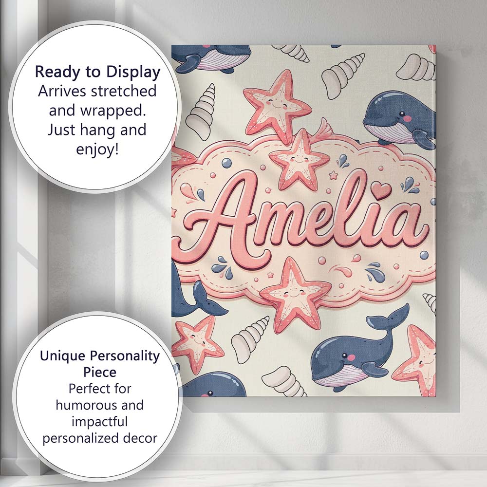 Personalised Name Cute Kawaii Whale Starfish Custom Bespoke Contemporary Display Canvas Wall Art Print Decor Picture Ready to Hang