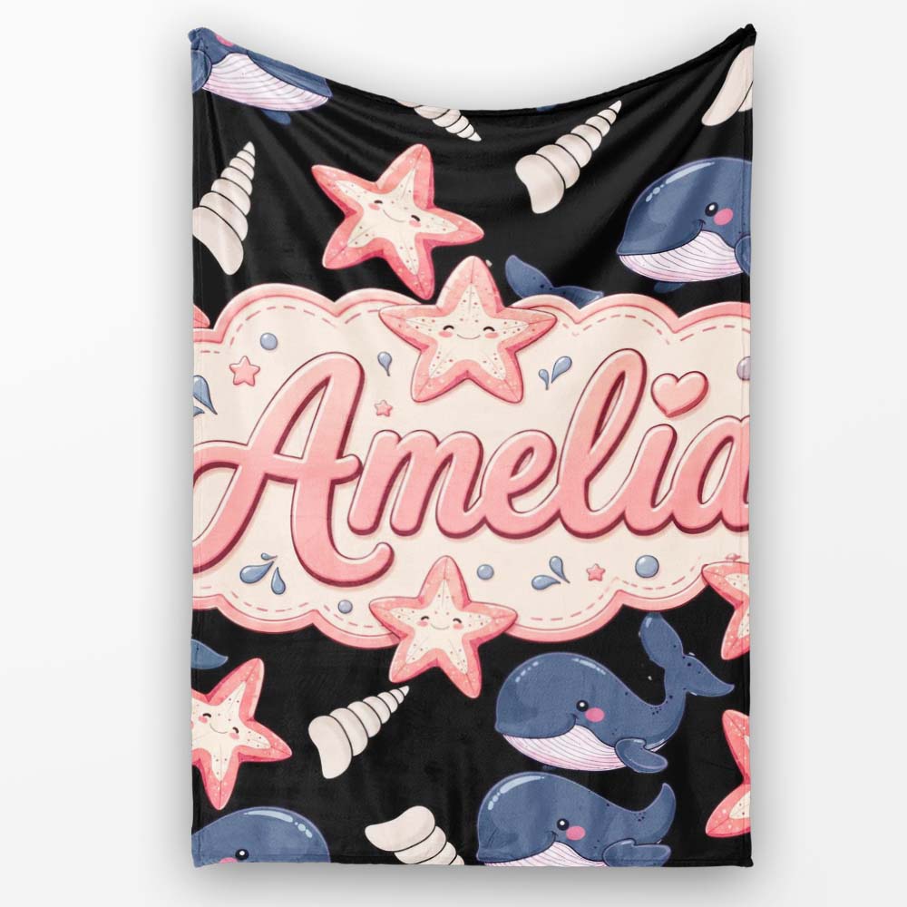 Cute Kawaii Whale Starfish Seashell Ocean Animals Black Background Personalised Custom Name Super Soft Fleece Blanket Bed Sofa Throw