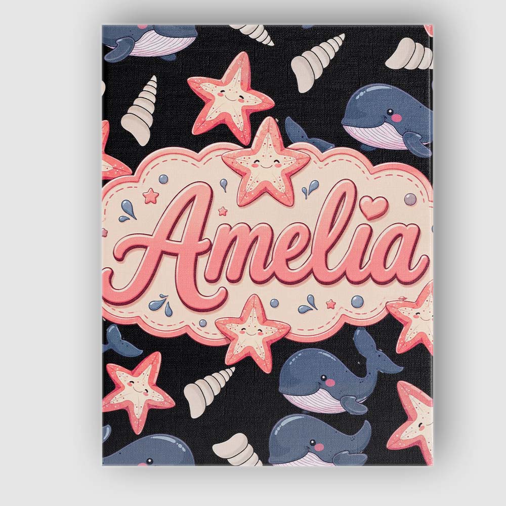 Personalised Name Cute Kawaii Whale Starfish Custom Bespoke Contemporary Display Canvas Wall Art Print Decor Picture Ready to Hang