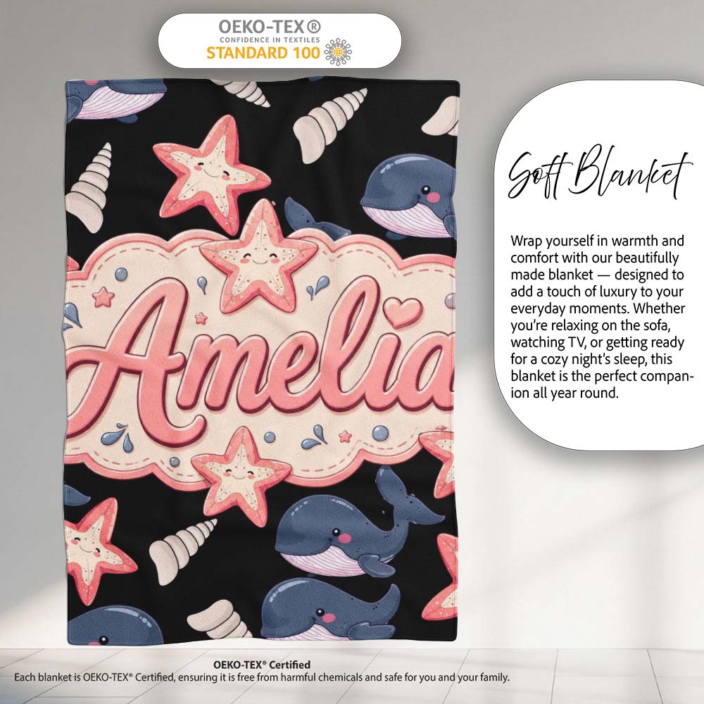 Cute Kawaii Whale Starfish Seashell Ocean Animals Black Background Personalised Custom Name Super Soft Fleece Blanket Bed Sofa Throw