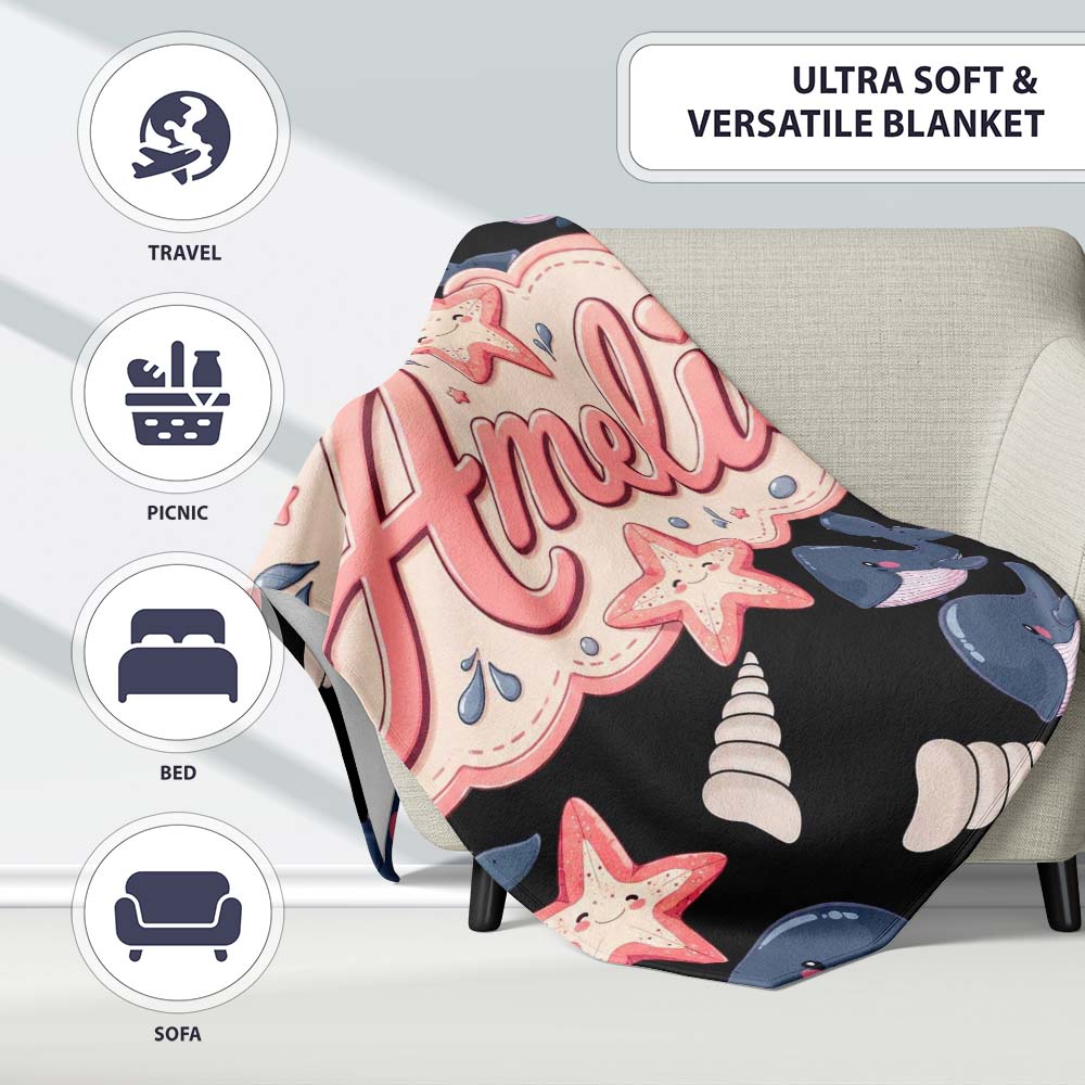 Cute Kawaii Whale Starfish Seashell Ocean Animals Black Background Personalised Custom Name Super Soft Fleece Blanket Bed Sofa Throw
