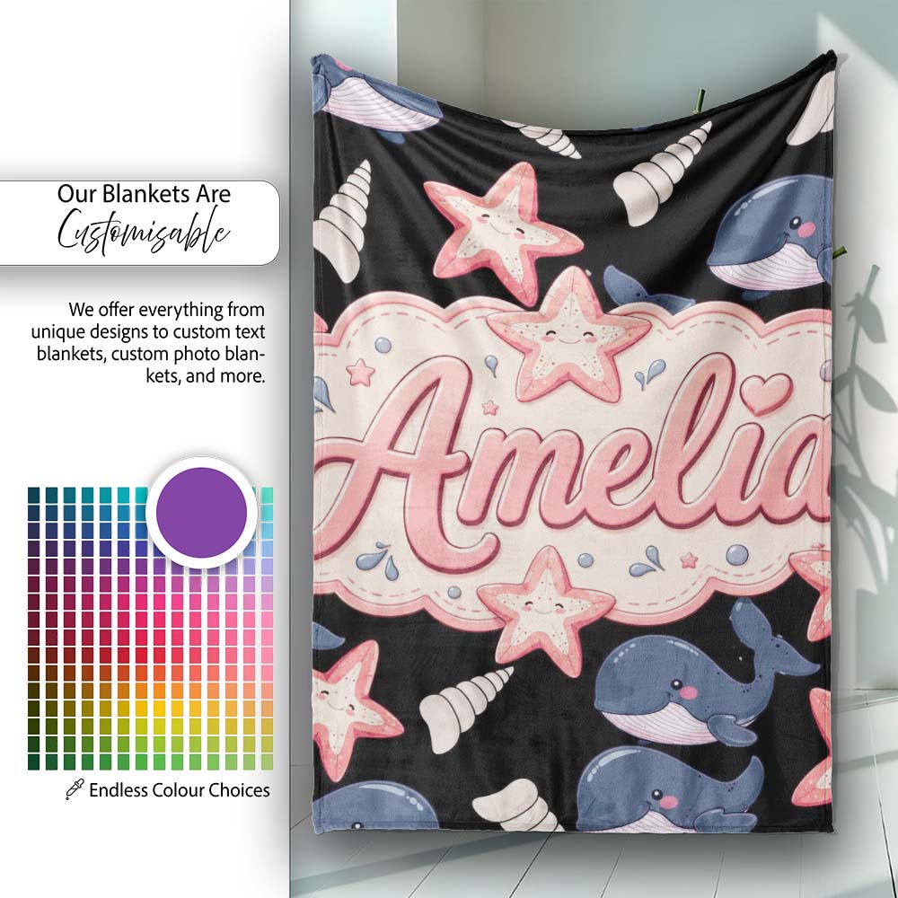 Cute Kawaii Whale Starfish Seashell Ocean Animals Black Background Personalised Custom Name Super Soft Fleece Blanket Bed Sofa Throw