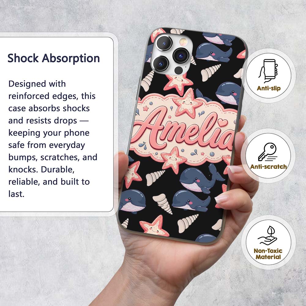 Cute Kawaii Whale Starfish Seashell Ocean Animals Custom Name Protective Phone Case Mobile Cover Durable Everyday Smartphone Shock Resistant