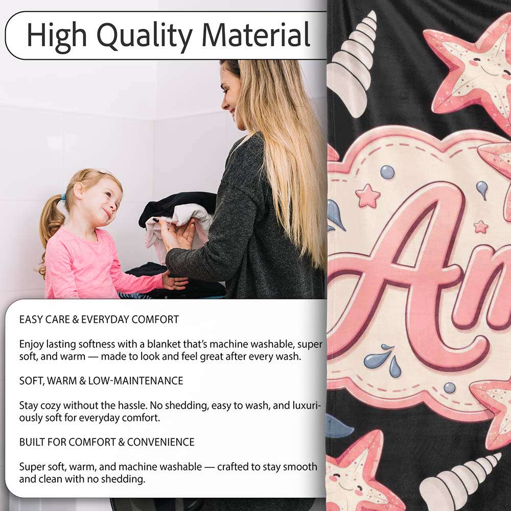 Cute Kawaii Whale Starfish Seashell Ocean Animals Black Background Personalised Custom Name Super Soft Fleece Blanket Bed Sofa Throw