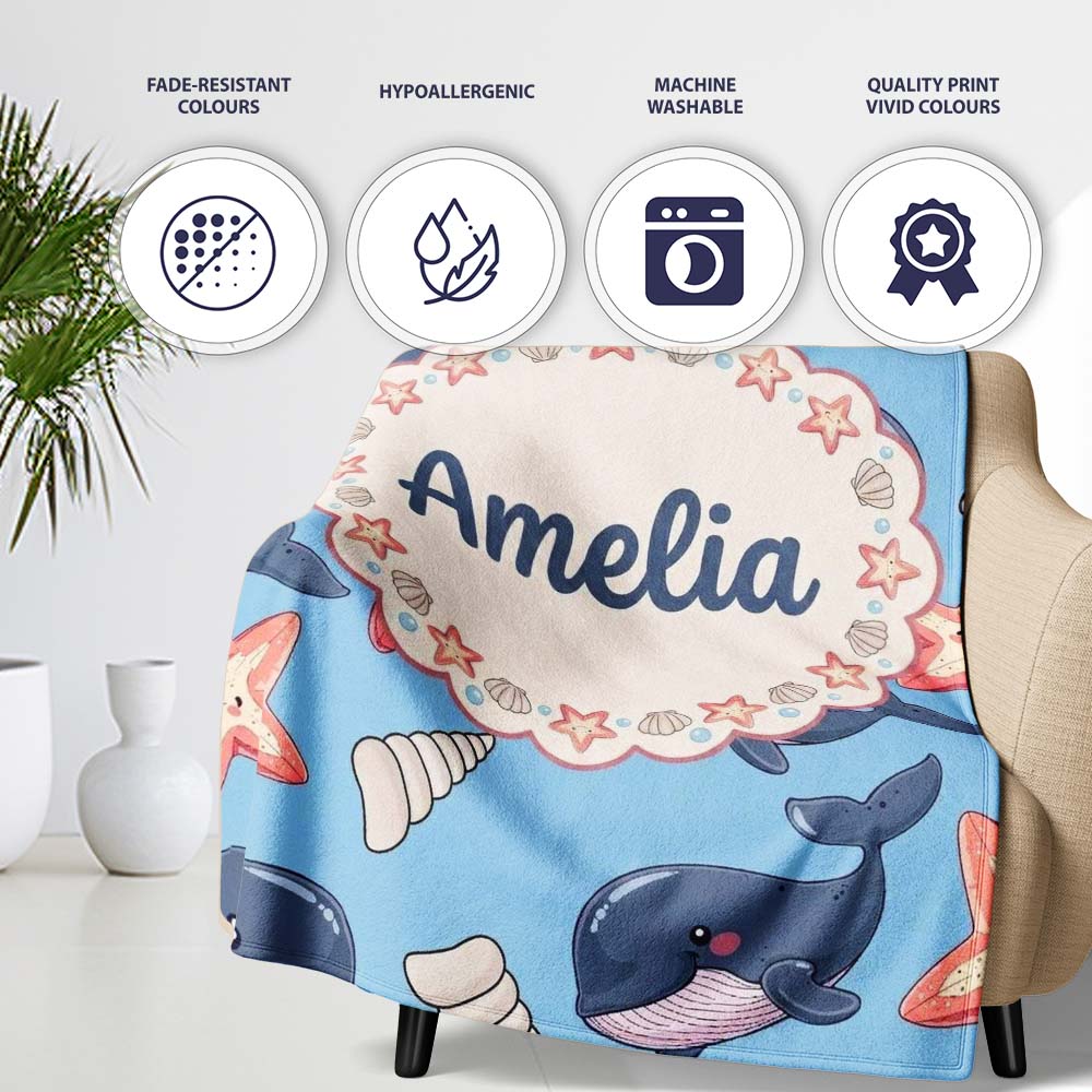 Cute Kawaii Whale Starfish Seashell Ocean Animals Blue Background Personalised Custom Name Super Soft Fleece Blanket Bed Sofa Throw