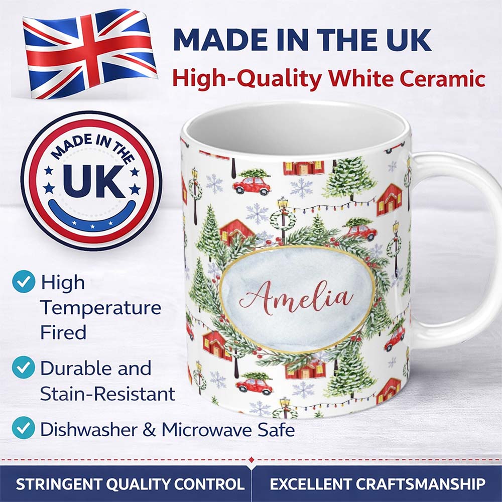 Personalized Custom Name Winter Village with Red Houses Cars and Snowy Trees Seamless Pattern 11oz Ceramic Coffee Tea Mug White Large Handle