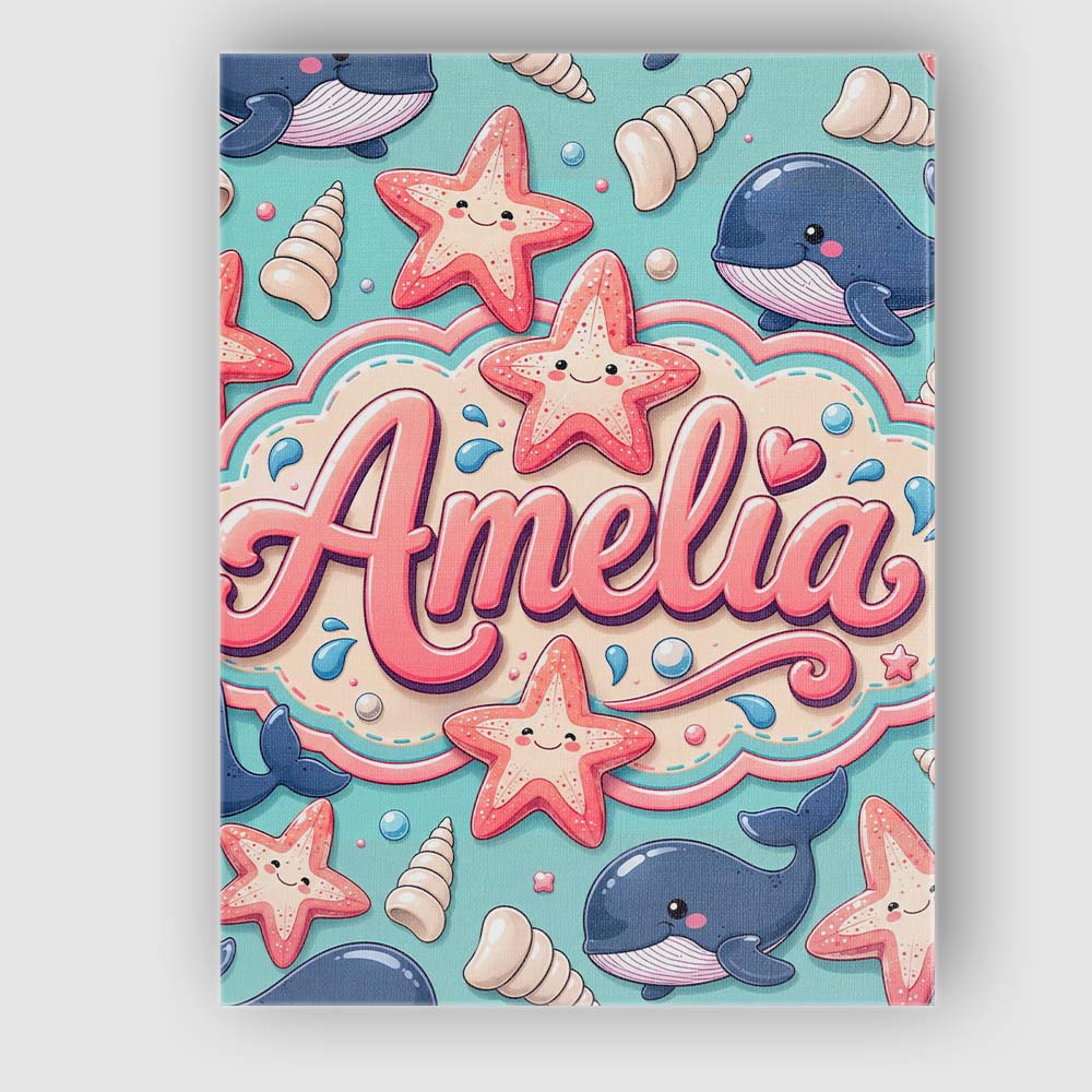 Personalised Name Cute Kawaii Whale Starfish Custom Bespoke Contemporary Display Canvas Wall Art Print Decor Picture Ready to Hang
