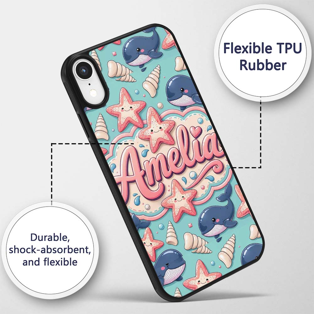 Cute Kawaii Whale Starfish Seashell Ocean Animals Custom Name Protective Phone Case Mobile Cover Durable Everyday Smartphone Shock Resistant