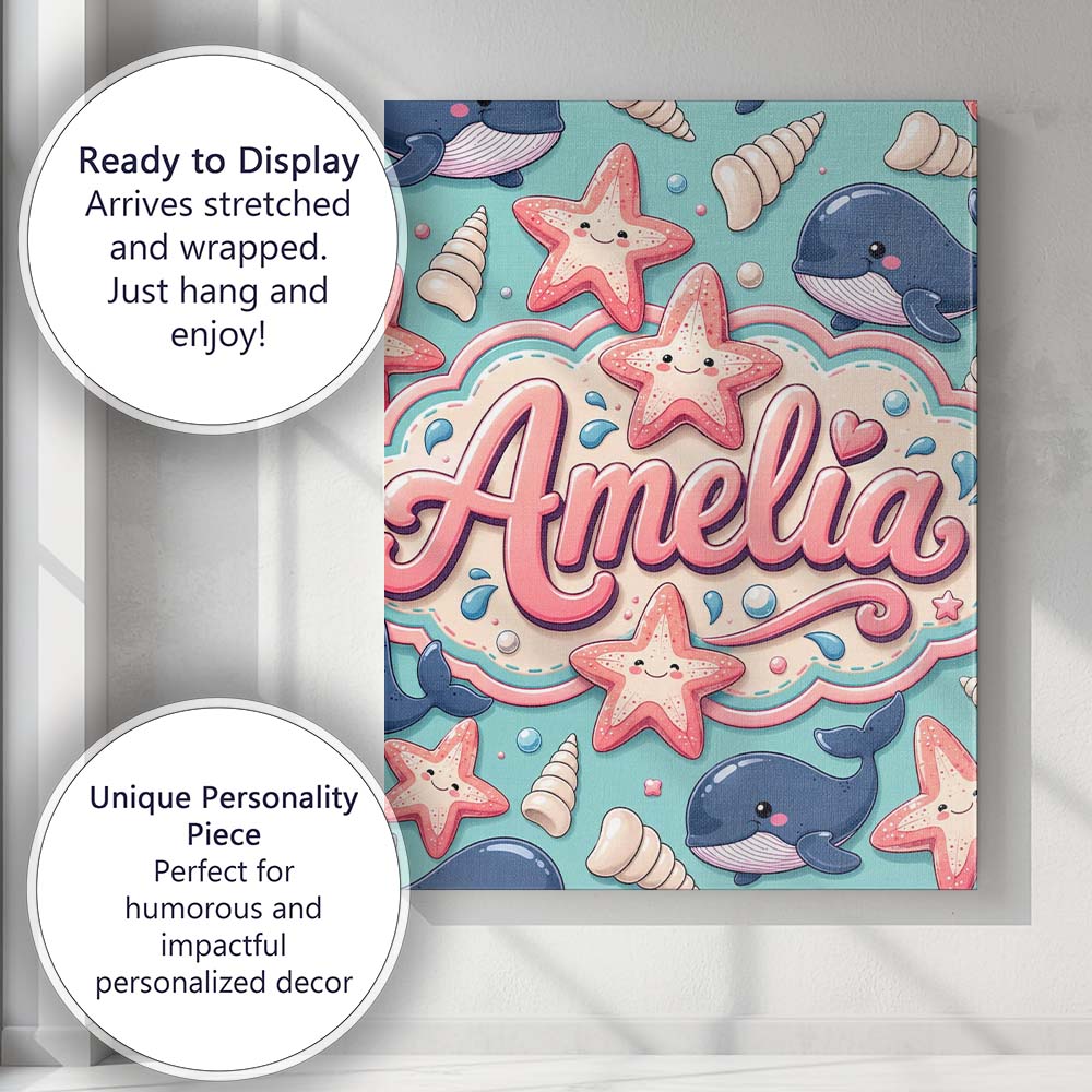 Personalised Name Cute Kawaii Whale Starfish Custom Bespoke Contemporary Display Canvas Wall Art Print Decor Picture Ready to Hang