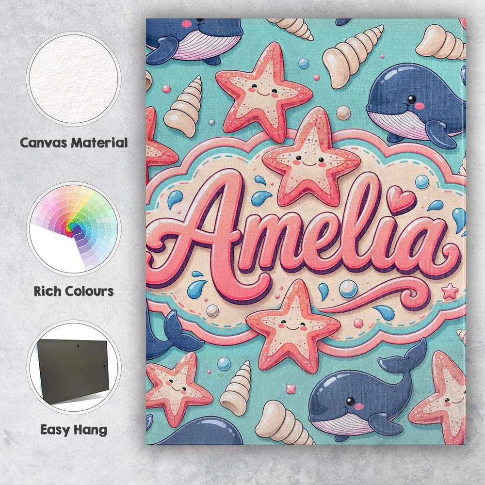 Personalised Name Cute Kawaii Whale Starfish Custom Bespoke Contemporary Display Canvas Wall Art Print Decor Picture Ready to Hang