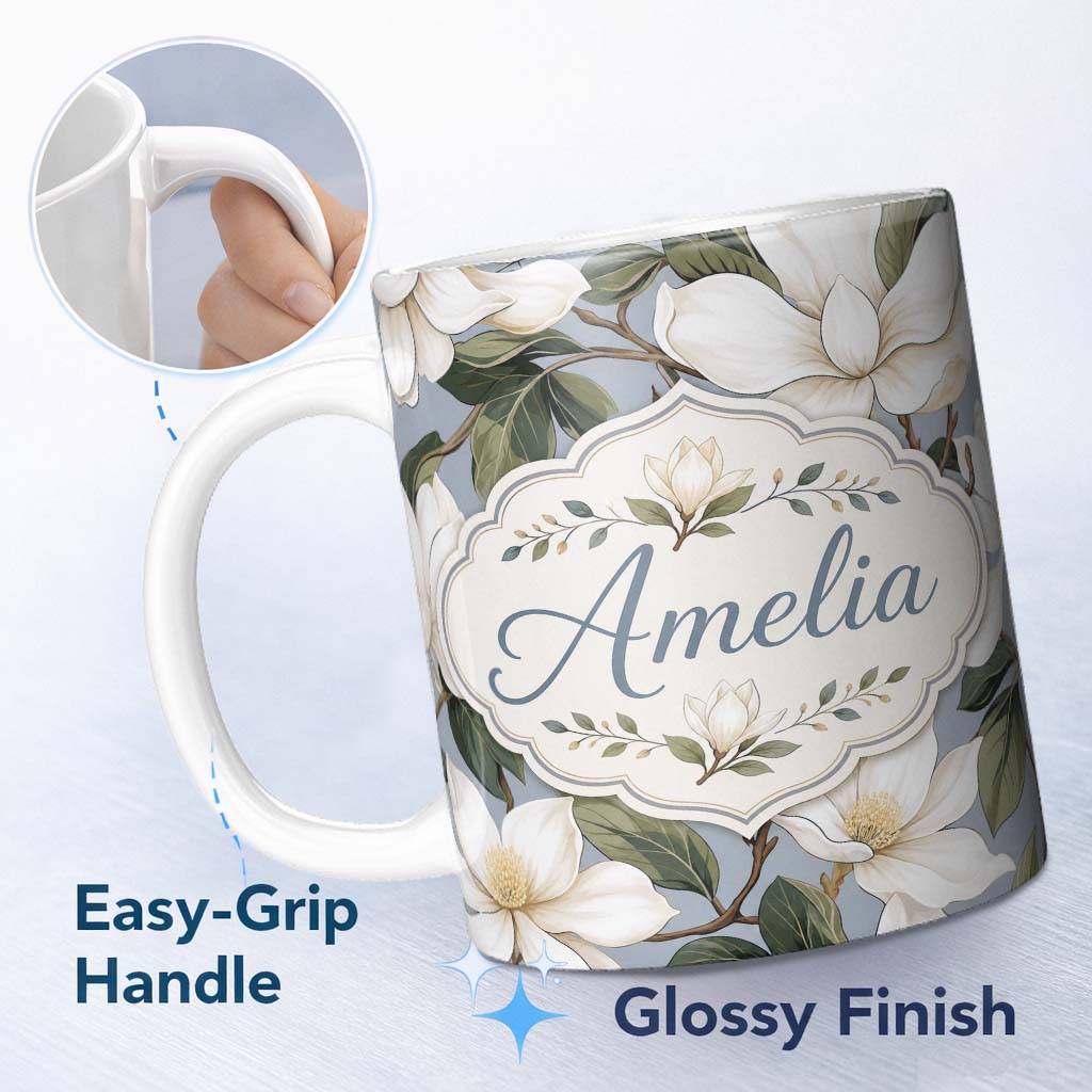 Personalized Custom Name Vintage Magnolia Floral Branches Soft Neutral Background Seamless 11oz Ceramic Coffee Tea Mug White Large Handle