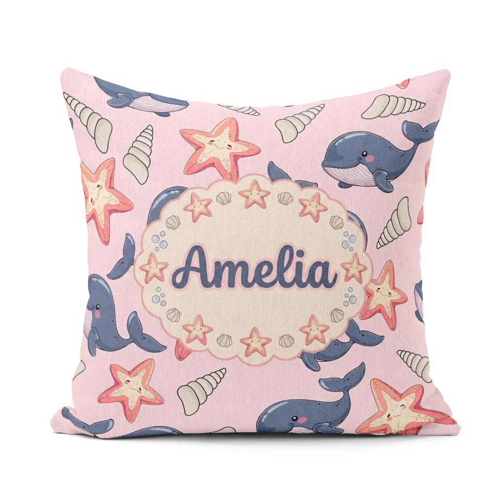 Custom Name Kawaii Whale Starfish Seashell Ocean Pink Background Square Filled Cushion Throw Pillow Sofa Bed Home Decor Zip Washable UK Made