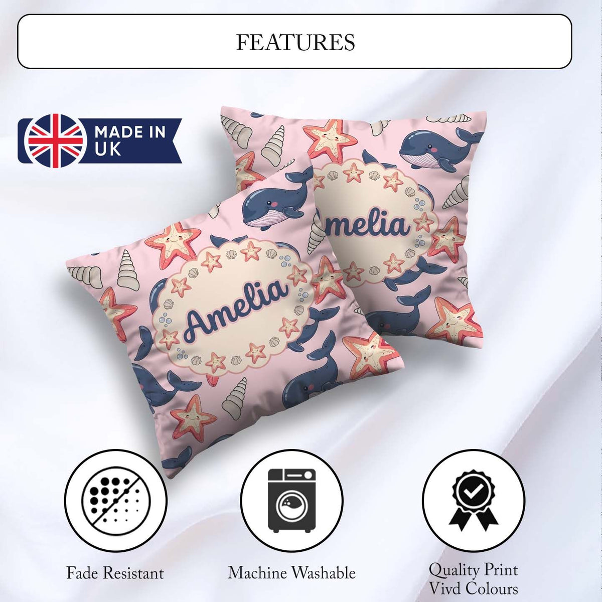Custom Name Kawaii Whale Starfish Seashell Ocean Pink Background Square Filled Cushion Throw Pillow Sofa Bed Home Decor Zip Washable UK Made