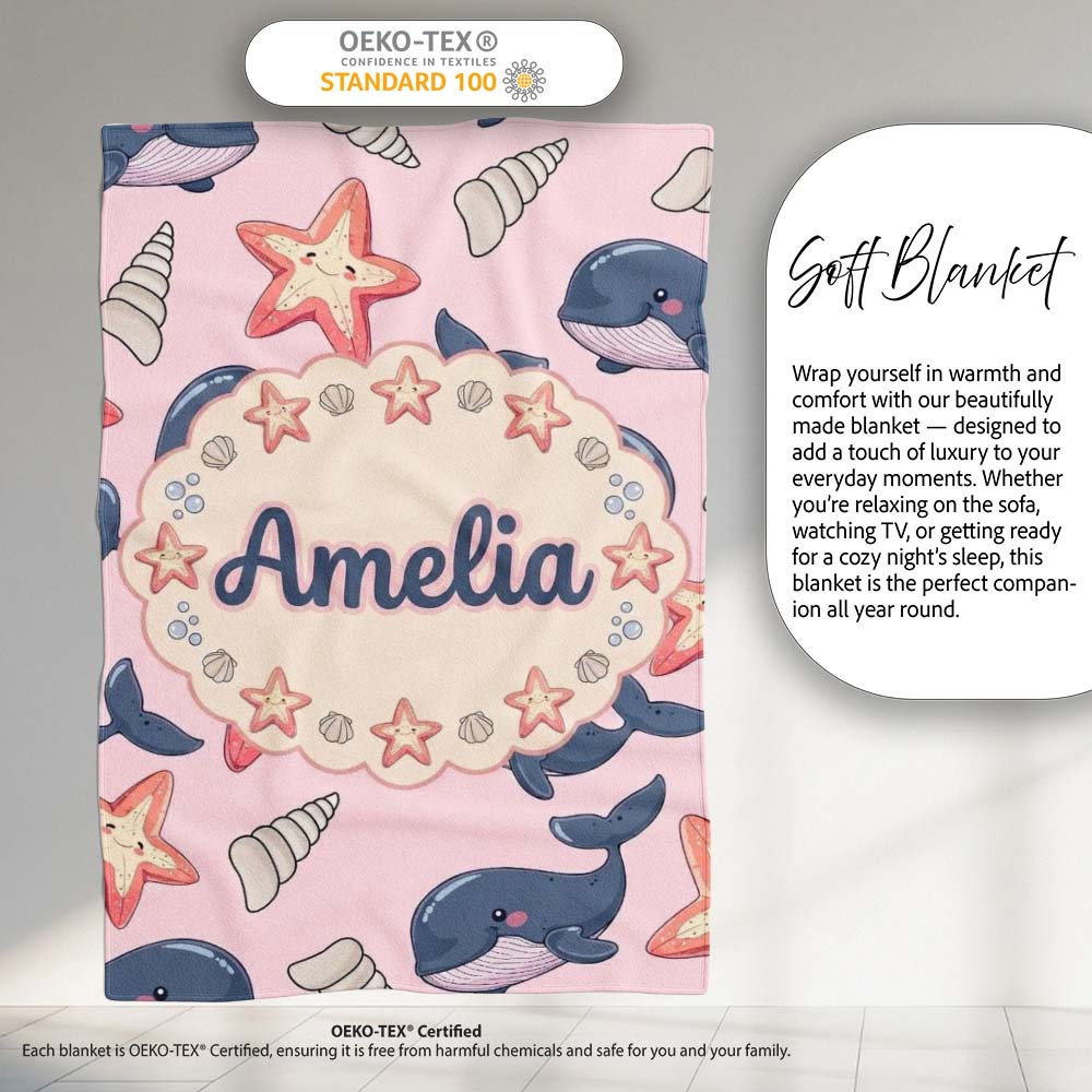 Cute Kawaii Whale Starfish Seashell Ocean Animals Pink Background Personalised Custom Name Super Soft Fleece Blanket Bed Sofa Throw