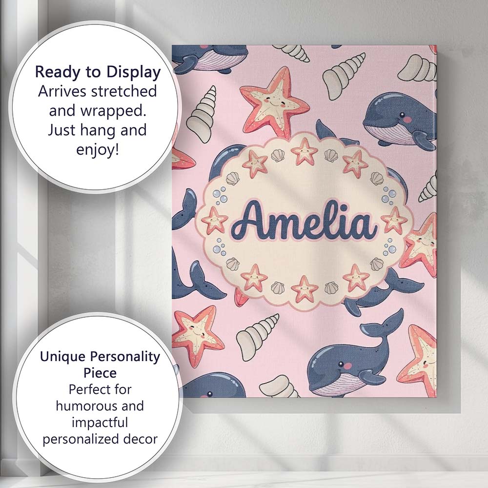 Personalised Name Cute Kawaii Whale Starfish Custom Bespoke Contemporary Display Canvas Wall Art Print Decor Picture Ready to Hang