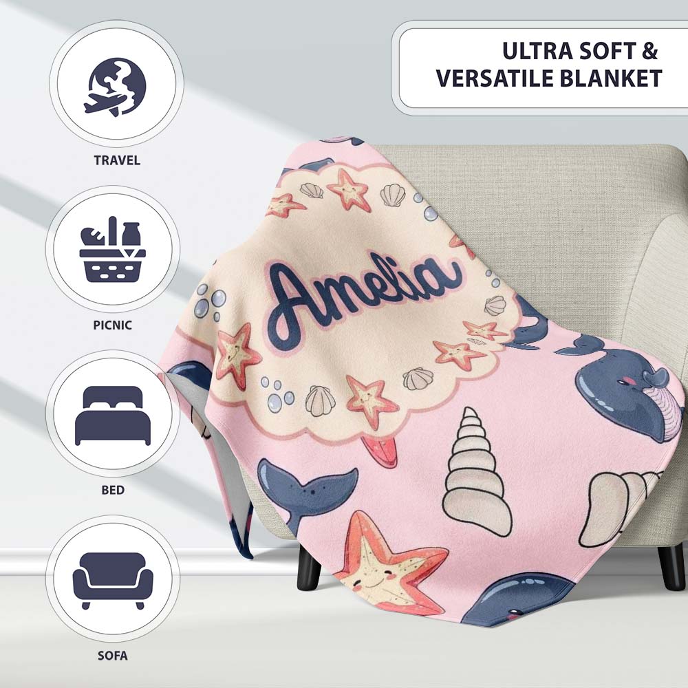 Cute Kawaii Whale Starfish Seashell Ocean Animals Pink Background Personalised Custom Name Super Soft Fleece Blanket Bed Sofa Throw