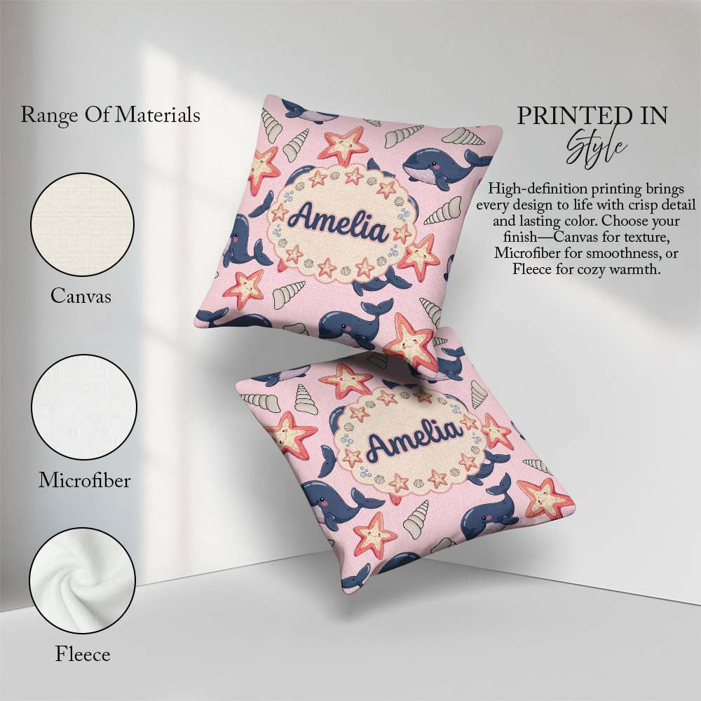 Custom Name Kawaii Whale Starfish Seashell Ocean Pink Background Square Filled Cushion Throw Pillow Sofa Bed Home Decor Zip Washable UK Made