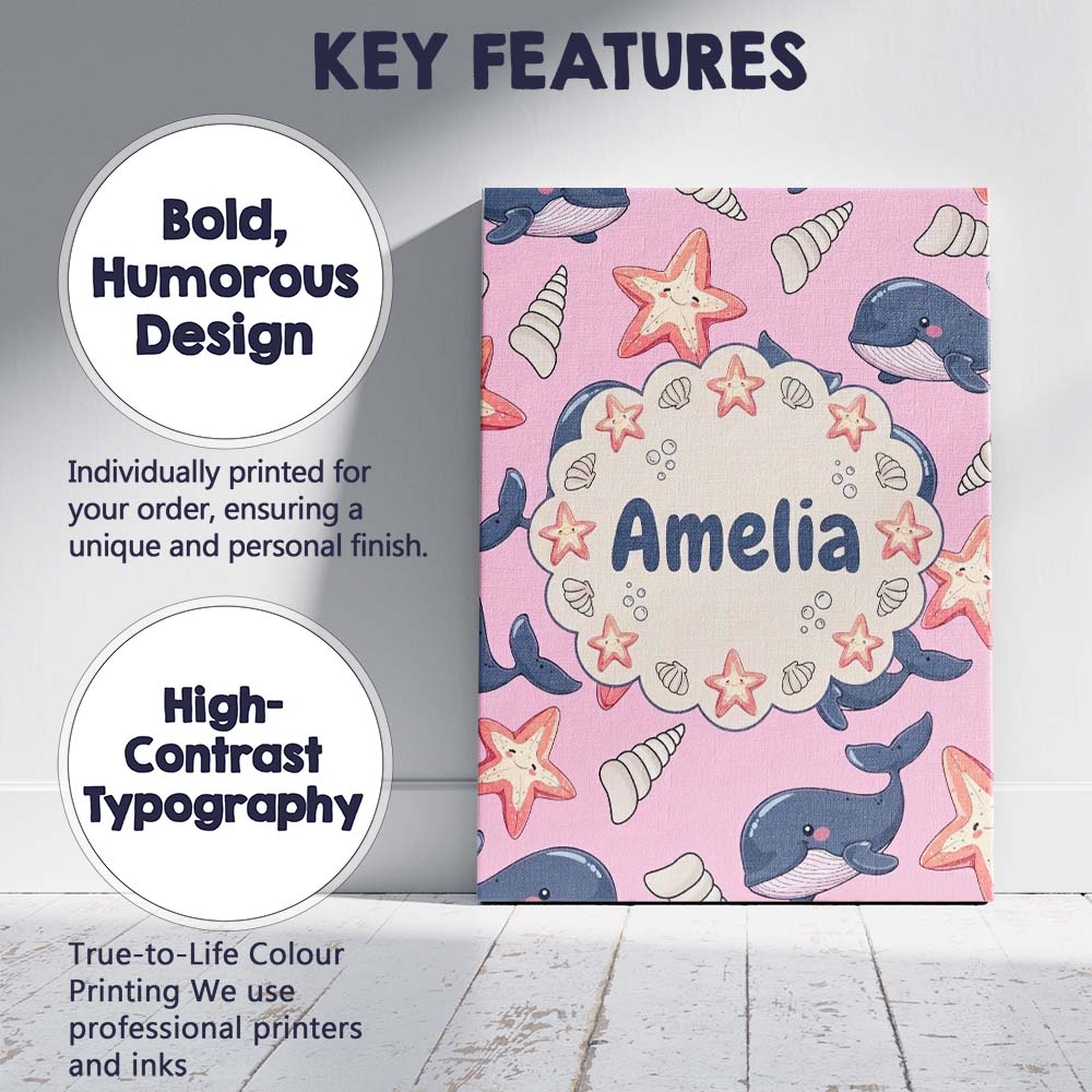 Personalised Name Cute Kawaii Whale Starfish Custom Bespoke Contemporary Display Canvas Wall Art Print Decor Picture Ready to Hang