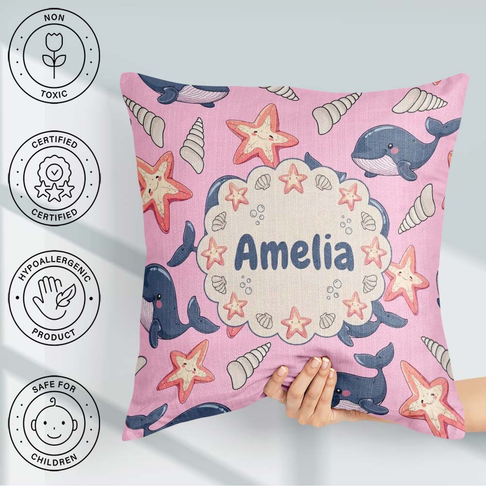 Custom Name Kawaii Whale Starfish Seashell Ocean Rose Background Square Filled Cushion Throw Pillow Sofa Bed Home Decor Zip Washable UK Made