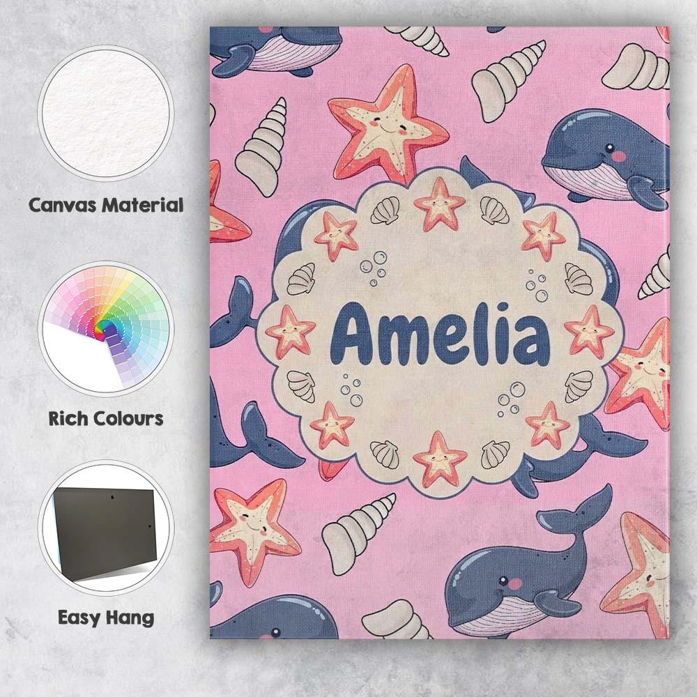 Personalised Name Cute Kawaii Whale Starfish Custom Bespoke Contemporary Display Canvas Wall Art Print Decor Picture Ready to Hang