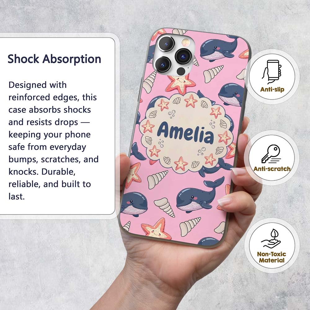 Cute Kawaii Whale Starfish Seashell Ocean Animals Custom Name Protective Phone Case Mobile Cover Durable Everyday Smartphone Shock Resistant