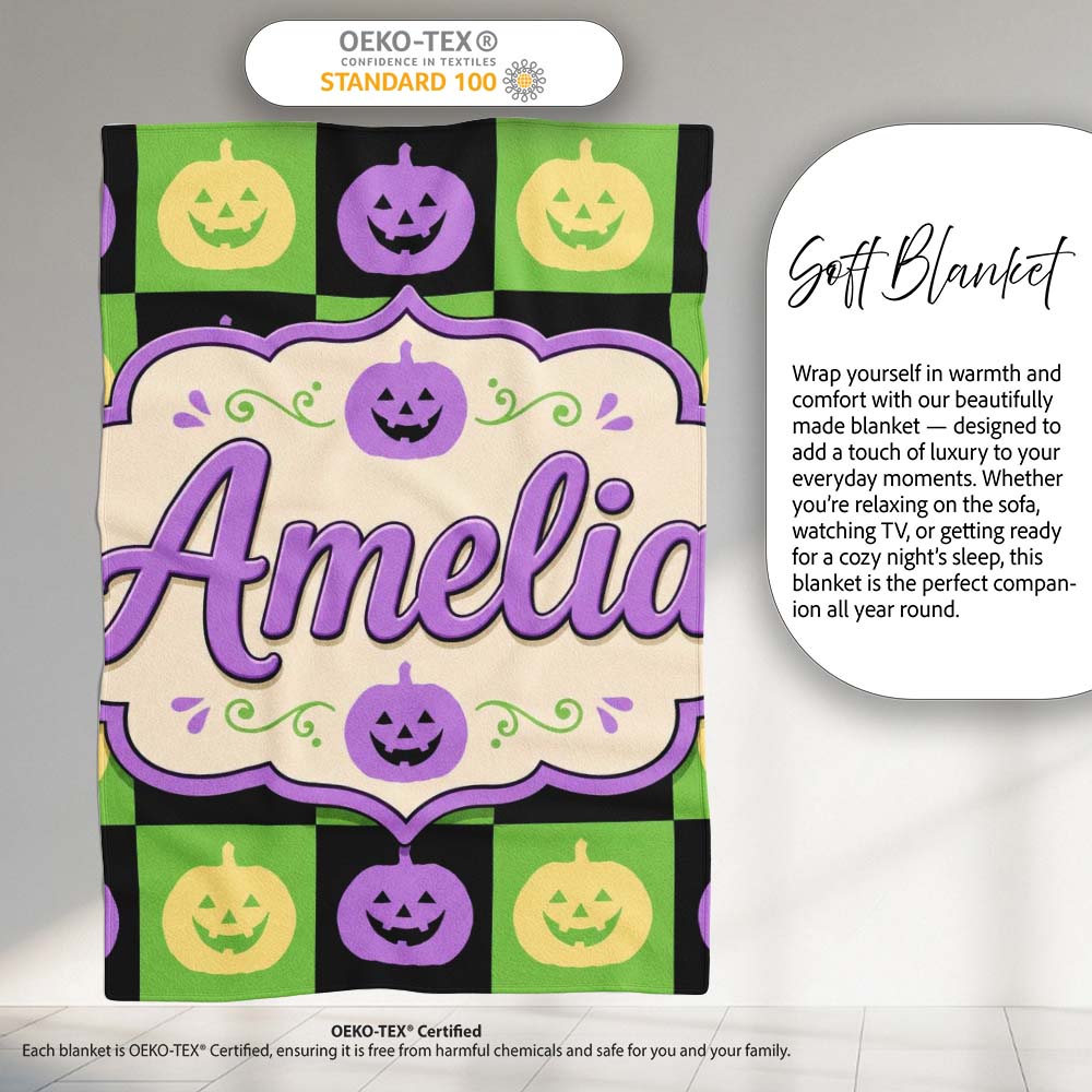Cute Halloween Pumpkin Faces Green Black Checker Seamless Pattern Personalised Custom Name Super Soft Fleece Blanket Bed Sofa Throw