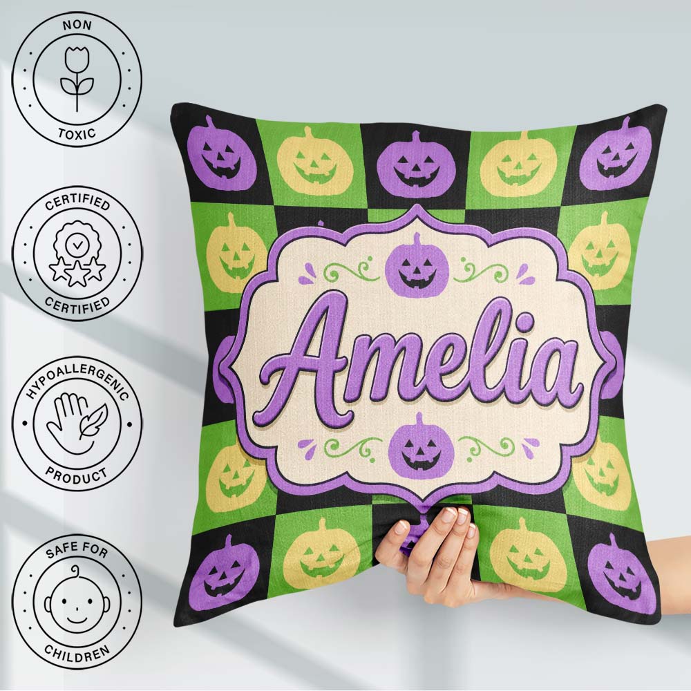 Custom Name Halloween Pumpkin Faces Green Black Checker Seamless Square Filled Cushion Throw Pillow Sofa Bed Home Decor Zip Washable UK Made