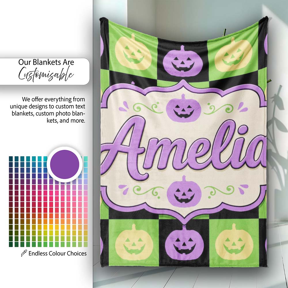 Cute Halloween Pumpkin Faces Green Black Checker Seamless Pattern Personalised Custom Name Super Soft Fleece Blanket Bed Sofa Throw