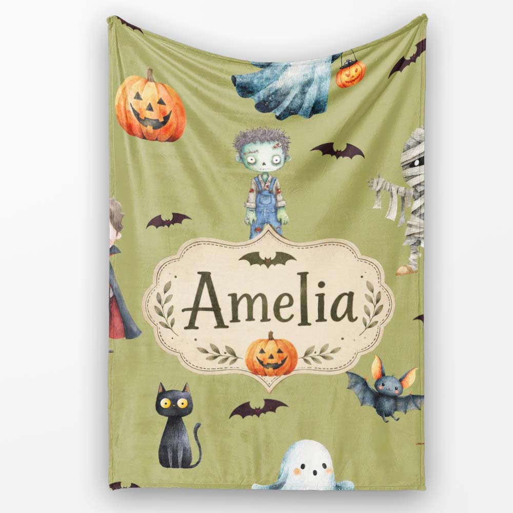 Cute Halloween Kids Characters Zombie Vampire Bats Pumpkin Olive Personalised Custom Name Super Soft Fleece Blanket Bed Sofa Throw