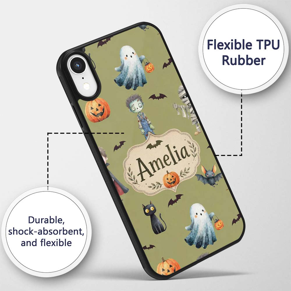 Cute Halloween Kids Characters Zombie Vampire Custom Name Protective Phone Case Mobile Cover Durable Everyday Smartphone Shock Resistant