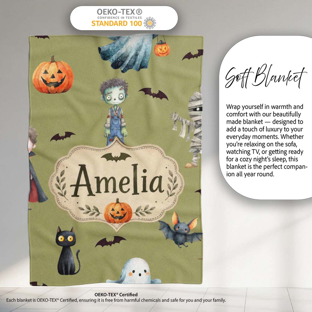 Cute Halloween Kids Characters Zombie Vampire Bats Pumpkin Olive Personalised Custom Name Super Soft Fleece Blanket Bed Sofa Throw
