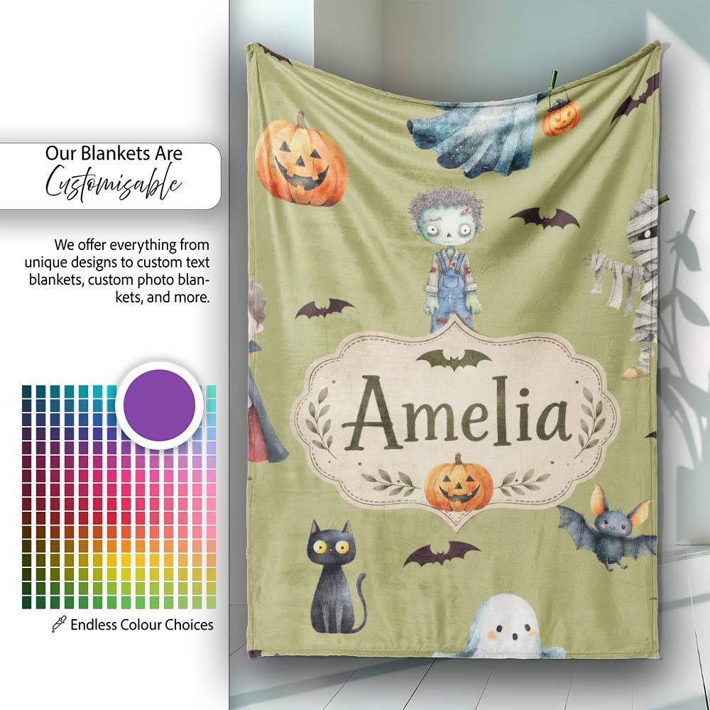 Cute Halloween Kids Characters Zombie Vampire Bats Pumpkin Olive Personalised Custom Name Super Soft Fleece Blanket Bed Sofa Throw
