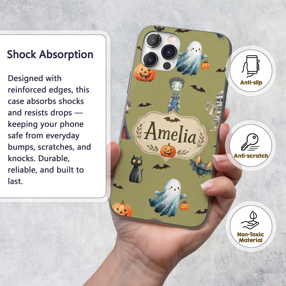 Cute Halloween Kids Characters Zombie Vampire Custom Name Protective Phone Case Mobile Cover Durable Everyday Smartphone Shock Resistant