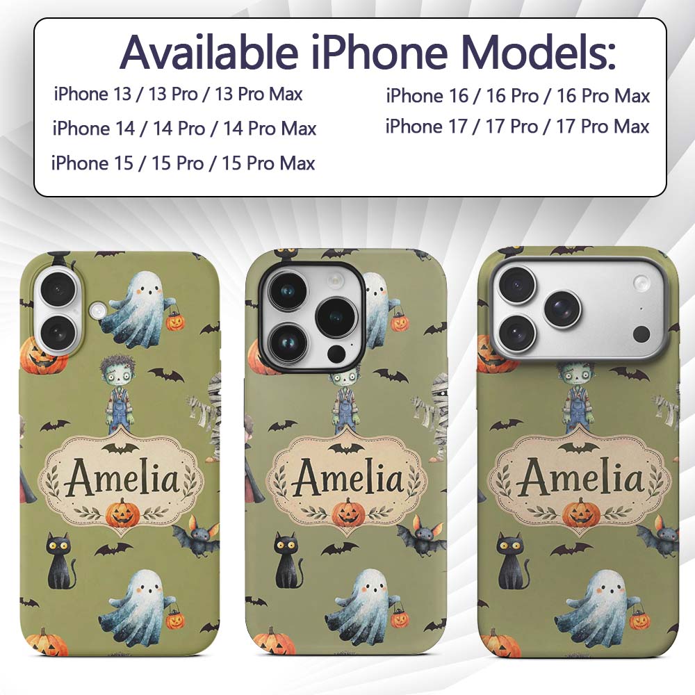 Cute Halloween Kids Characters Zombie Vampire Custom Name Protective Phone Case Mobile Cover Durable Everyday Smartphone Shock Resistant