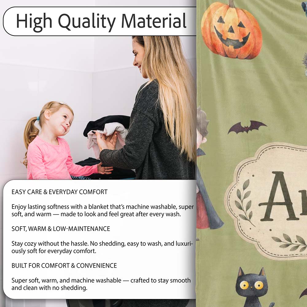 Cute Halloween Kids Characters Zombie Vampire Bats Pumpkin Olive Personalised Custom Name Super Soft Fleece Blanket Bed Sofa Throw
