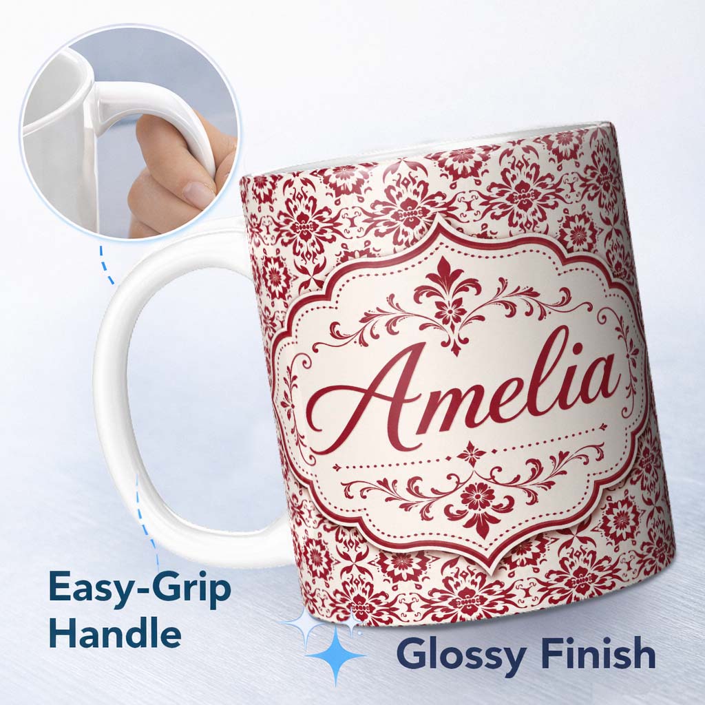 Personalized Custom Name Classic Red Ornamental Floral Damask Seamless Pattern Lovely 11oz Ceramic Coffee Tea Mug White Large Handle