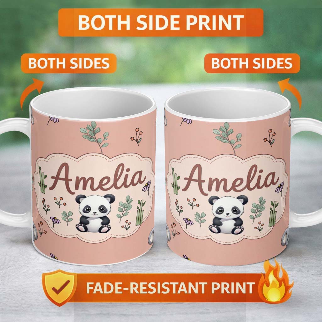 Personalized Custom Name Cute Panda Bear with Bamboo Leaves Floral Seamless Pattern Peach 11oz Ceramic Coffee Tea Mug White Large Handle