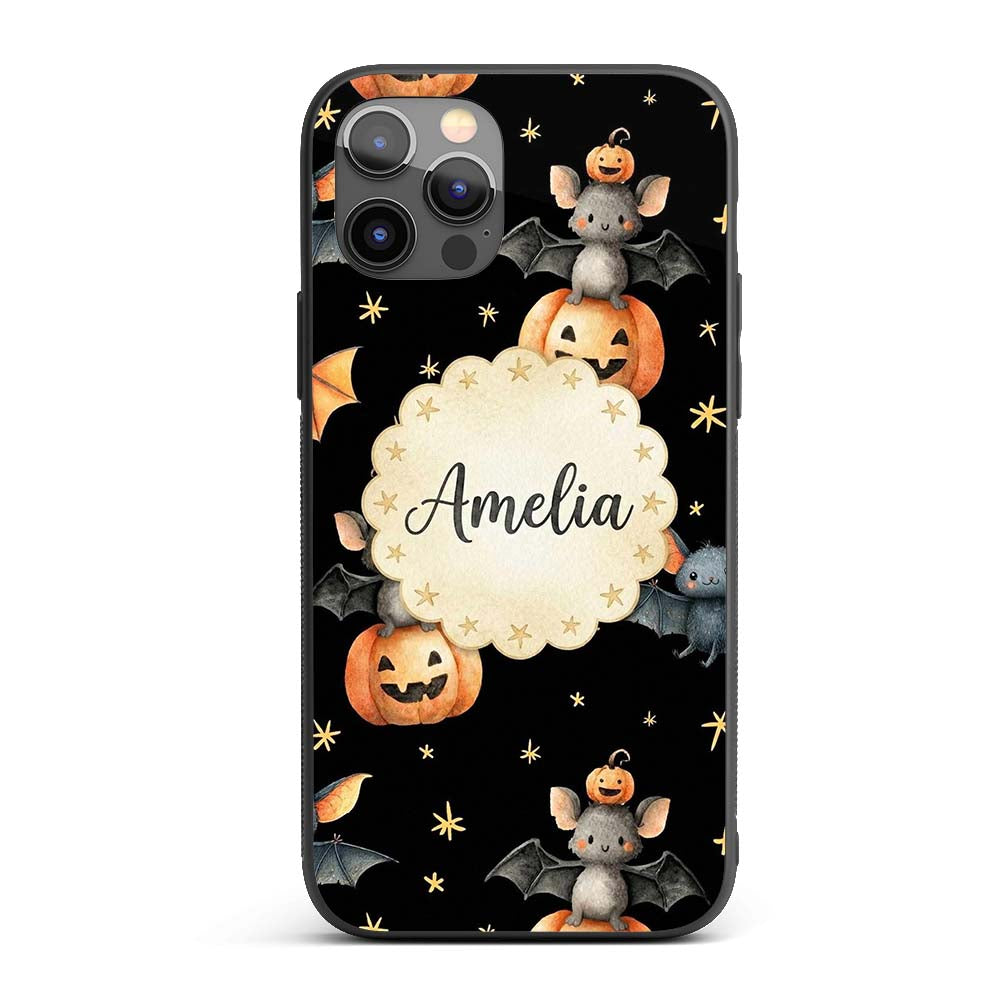 Cute Halloween Bats Sitting on Pumpkins with Custom Name Protective Phone Case Mobile Cover Durable Everyday Smartphone Shock Resistant