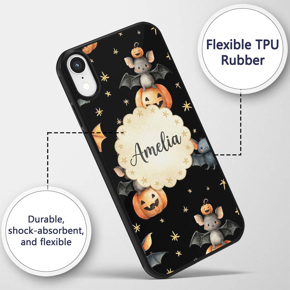 Cute Halloween Bats Sitting on Pumpkins with Custom Name Protective Phone Case Mobile Cover Durable Everyday Smartphone Shock Resistant