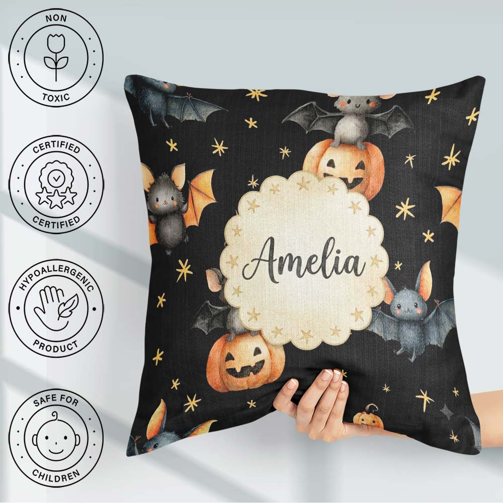 Custom Name Bats Sitting on Pumpkins with Stars Black Background Square Filled Cushion Throw Pillow Sofa Bed Home Decor Zip Washable UK Made