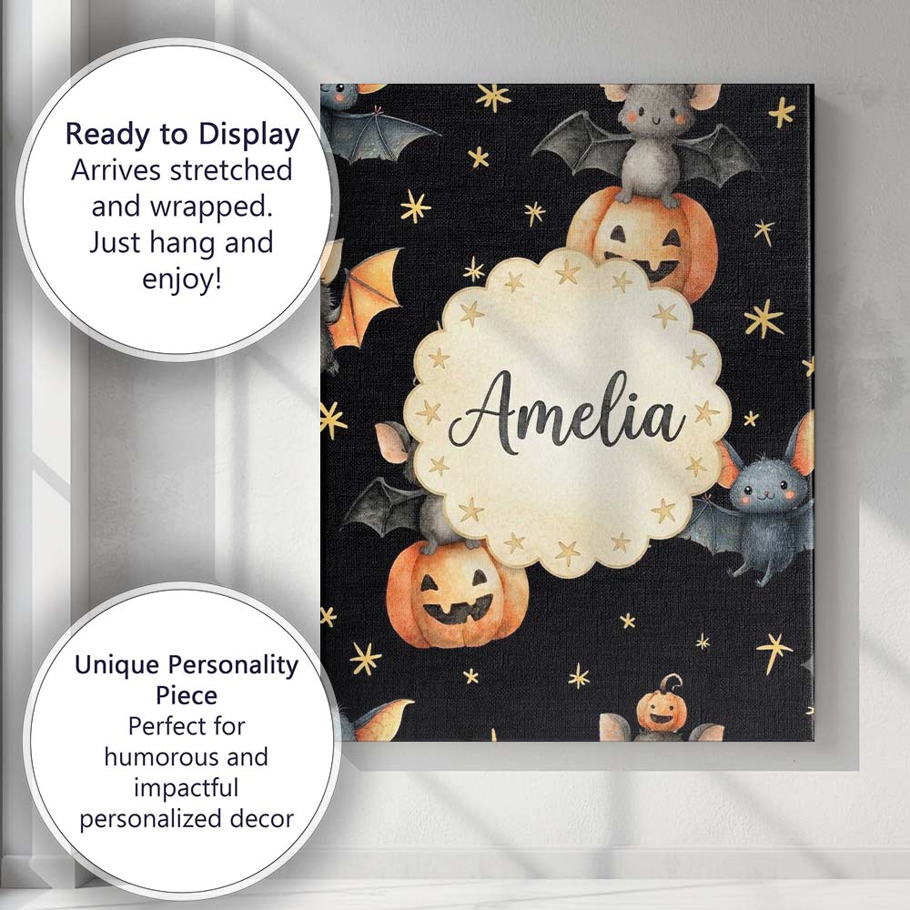 Personalised Name Cute Halloween Bats Custom Modern Room Accent Creative Decorator Style Canvas Wall Art Print Decor Picture Ready to Hang