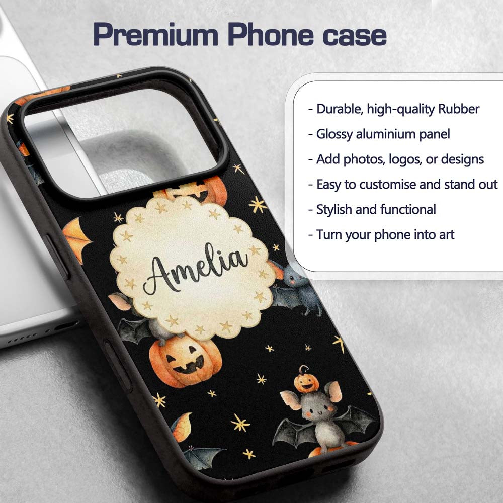 Cute Halloween Bats Sitting on Pumpkins with Custom Name Protective Phone Case Mobile Cover Durable Everyday Smartphone Shock Resistant