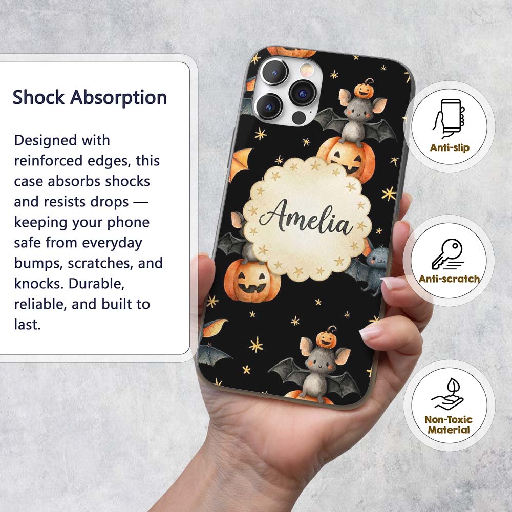 Cute Halloween Bats Sitting on Pumpkins with Custom Name Protective Phone Case Mobile Cover Durable Everyday Smartphone Shock Resistant