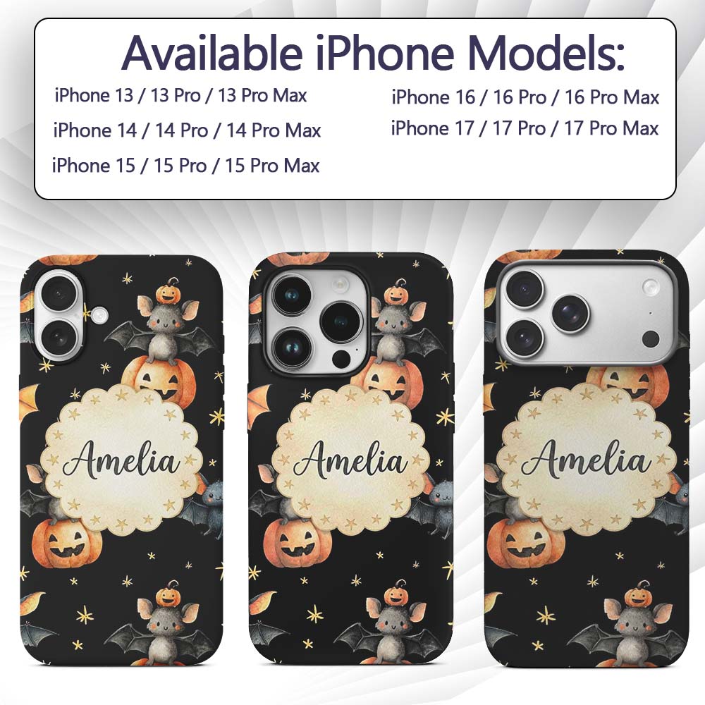 Cute Halloween Bats Sitting on Pumpkins with Custom Name Protective Phone Case Mobile Cover Durable Everyday Smartphone Shock Resistant