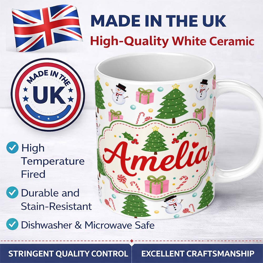 Personalized Custom Name Cute Christmas Tree Snowman Candy Cane Gift Seamless Pattern Lovely 11oz Ceramic Coffee Tea Mug White Large Handle